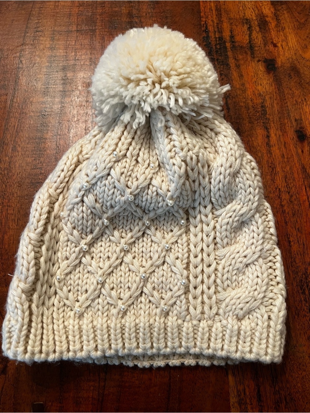 Adult Cream Knit Pom Pom Beanie with Pearly Accents